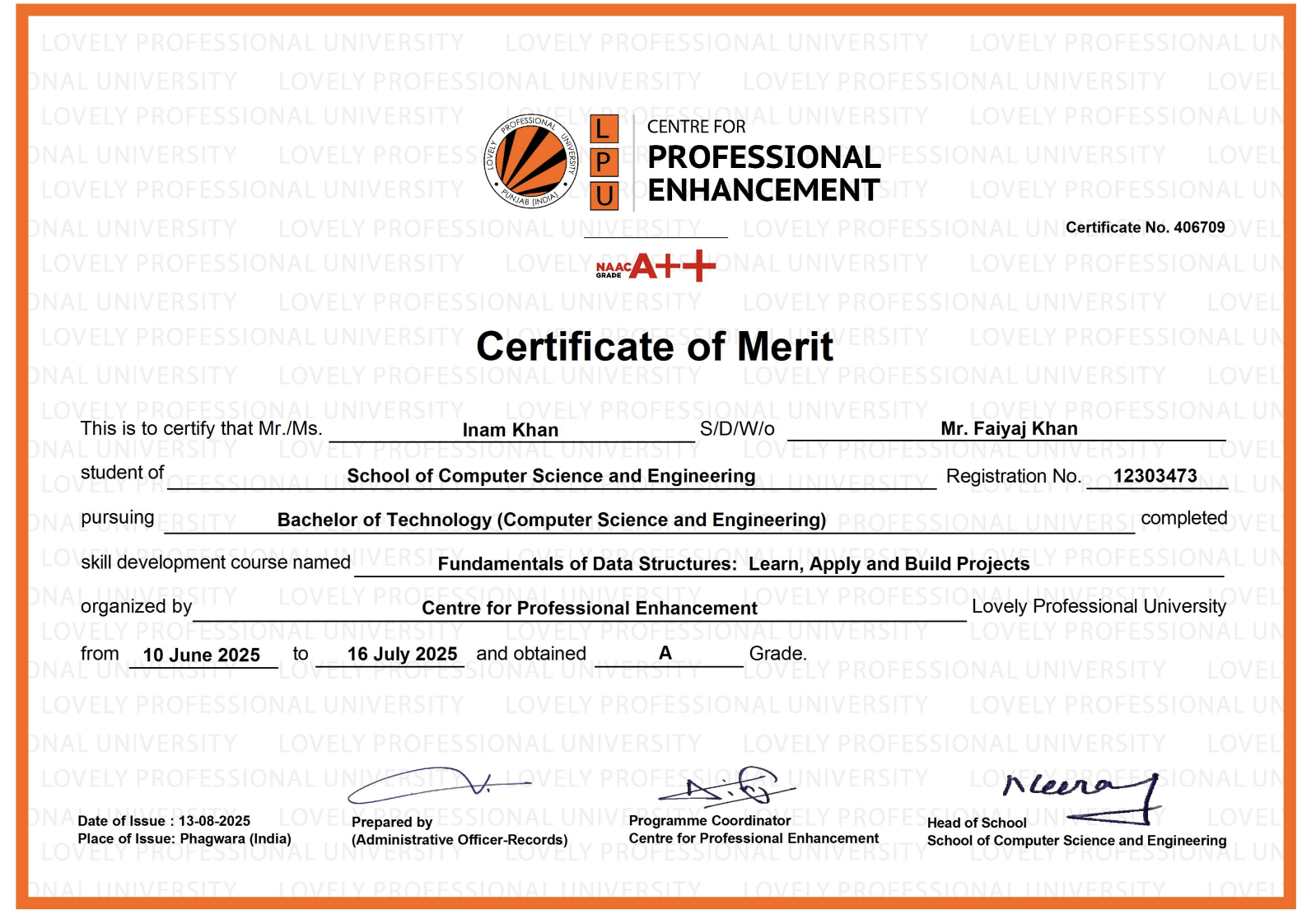 Fundamentals of Data Structures certificate