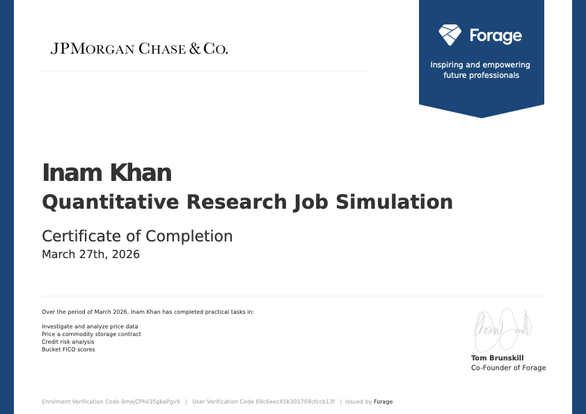 JPMorgan Chase Quantitative Research Job Simulation certificate